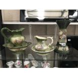2 green pottery jugs & bowls & a pot stand with classical design