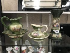 2 green pottery jugs & bowls & a pot stand with classical design