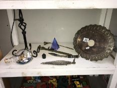 A mixed lot including ship in a bottle and metal tray etc.