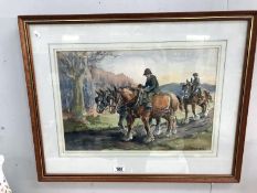 A framed and glazed painting of horses,