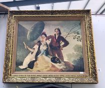 A gilt framed, oil painting on canvas, continental ladies.