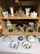 3 shelves of porcelain and glass paperweights