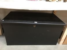 A large black panther painted, pine blanket box, with candle box.