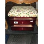 A dark wood stained 2 drawer tapestry covered work stool
