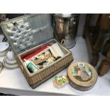 A sewing Basket and contents, a button box and a pin cushion.
