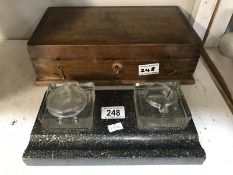 2 inkwells and a dark wood stained box