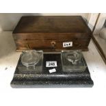 2 inkwells and a dark wood stained box