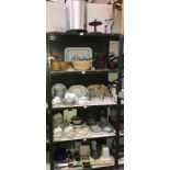 5 shelves of kitchenalia including dinner sets and glassware