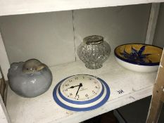A Cornish blue wall clock, cut glass vase etc.