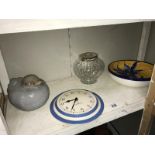 A Cornish blue wall clock, cut glass vase etc.