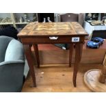 An inlaid musical sewing table & contents including over 30 reels of cotton