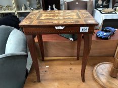 An inlaid musical sewing table & contents including over 30 reels of cotton