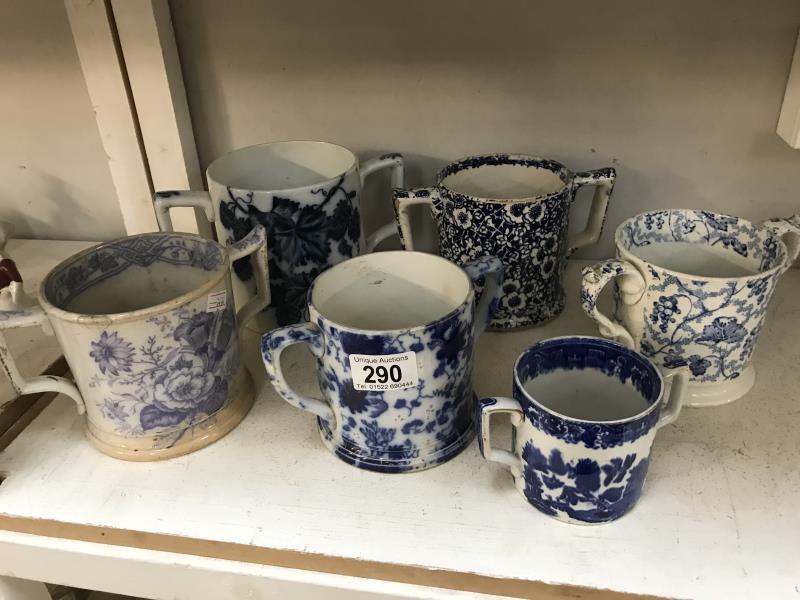 6 19th century blue and white loving cups