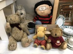 Mixed lot of teddies, Dennis the Menace soft toy, old doll etc.