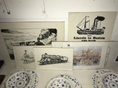 A quantity of black and white prints and a steam boat advertisement