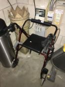 An invalid chair/walker and walking stick