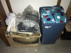 2 boxes of assorted fabric etc.