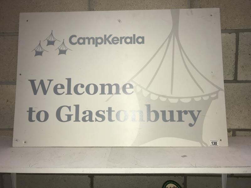 A Campkerala 'Welcome to Glastonbury' sign