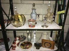 2 shelves of misc. incl. table lamps, clock, candelabra etc.