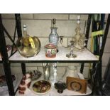 2 shelves of misc. incl. table lamps, clock, candelabra etc.
