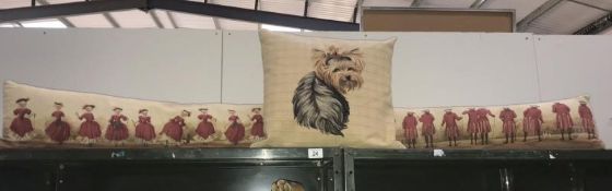 2 draught excluders and a cushion depicting a Yorkshire Terrier