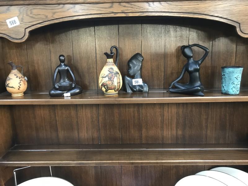3 Greek style urns/vases & 3 modern silhouette figures
