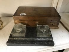 A vintage double glass inkwell and wooden box
