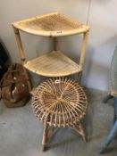 A wicker corner stand and a wicker stool
