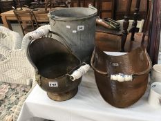 Coal scuttle & log bucket and a galvanised coal scuttle