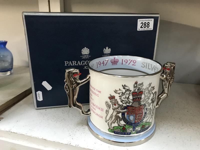 A boxed Paragon silver wedding loving cup