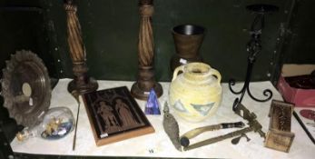 A mixed lot of items incl. ship in bottle, candlesticks, etc.