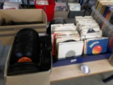 2 trays and 2 boxes of 70's and 80's 45 rpm pop records.