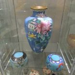 A tall cloissonne' vase and 2 cloissonne' bowls.