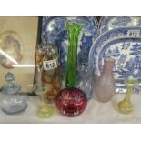 A mixed lot of glass vases including engraved and overlaid examples.