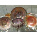 6 assorted carnival glass dishes.