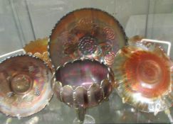 6 assorted carnival glass dishes.