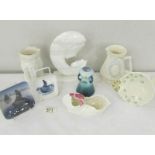 2 pieces of Belleek porcelain, 2 Royal Copenhagen pin dishes and other ceramic items.