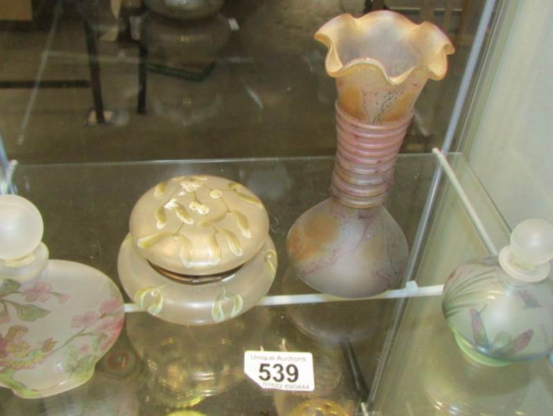2 hand decorated perfume bottles, a powder bowl and a vase.