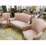 A mahogany framed 3 piece suite (upholstery soiled).