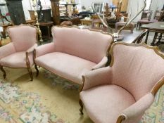 A mahogany framed 3 piece suite (upholstery soiled).