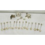 14 coffee spoons with coat of arms finial's, a trinket box, a miniature photo frame,