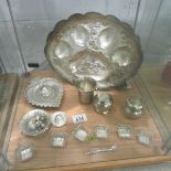 A mixed lot of metal ware including inkwell.