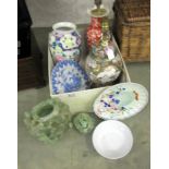 A mixed lot including Chinese Lamp, vases and a very a/f jade vase.