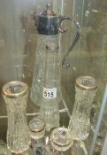 3 glass vases with silver rims,