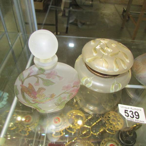 2 hand decorated perfume bottles, a powder bowl and a vase. - Image 2 of 3