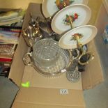 A box of miscellaneous glass, china and metal ware.