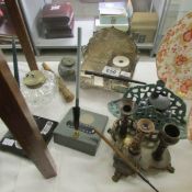 A mixed lot of ink stands, a letter rack, gilded umbrella handle etc.