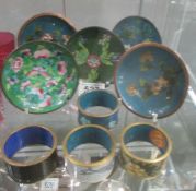 5 assorted Cloissonne pin dishes and 4 Cloissonne napkin rings.