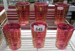 A set of 6 gold decorated cranberry glass tumblers