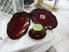 2 Carlton Ware Rouge Royal lustre bowls and a Carlton Ware lustre cup and saucer set